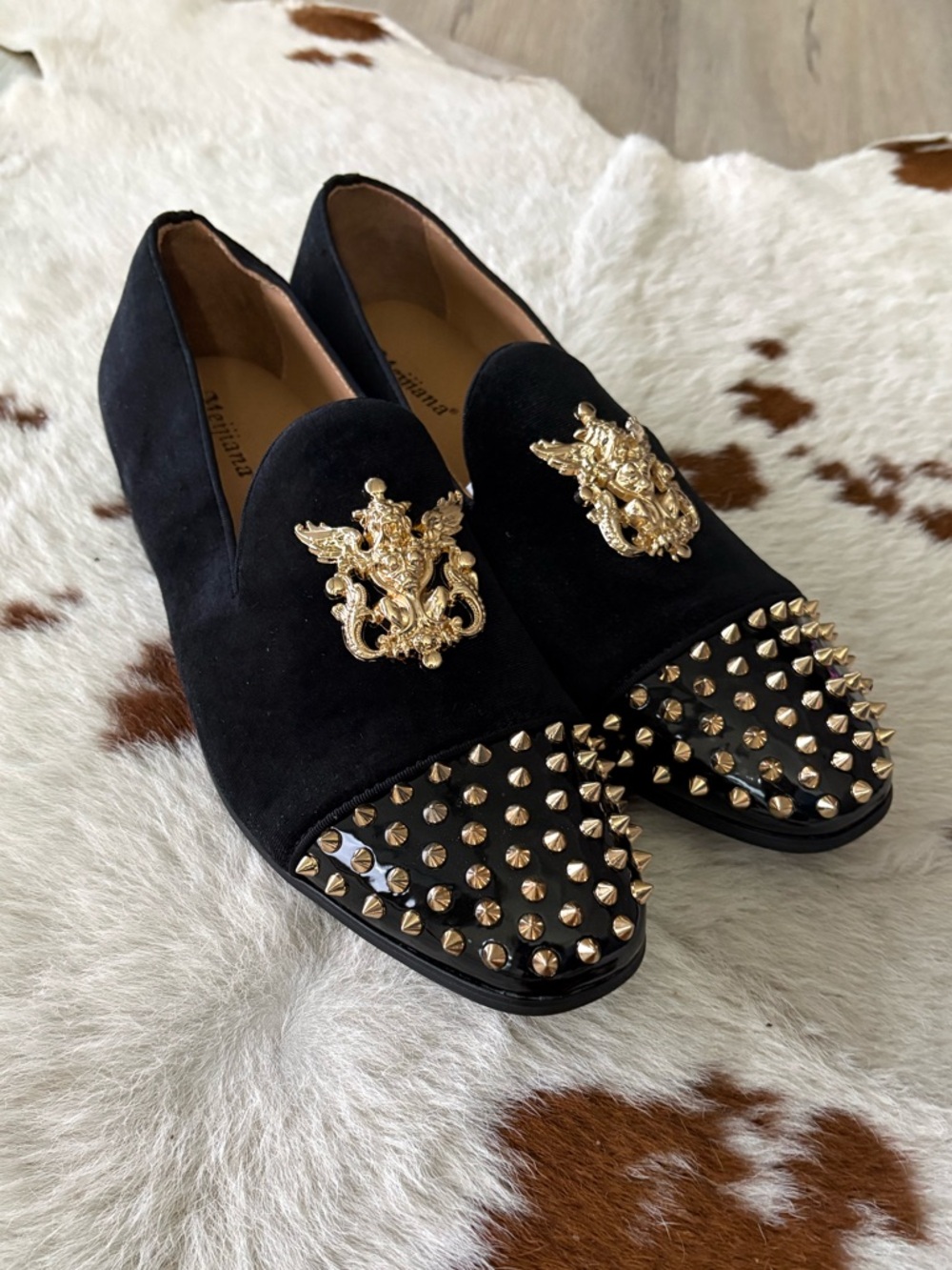 Black Velvet Loafers with Gold Crest and Studded Toe